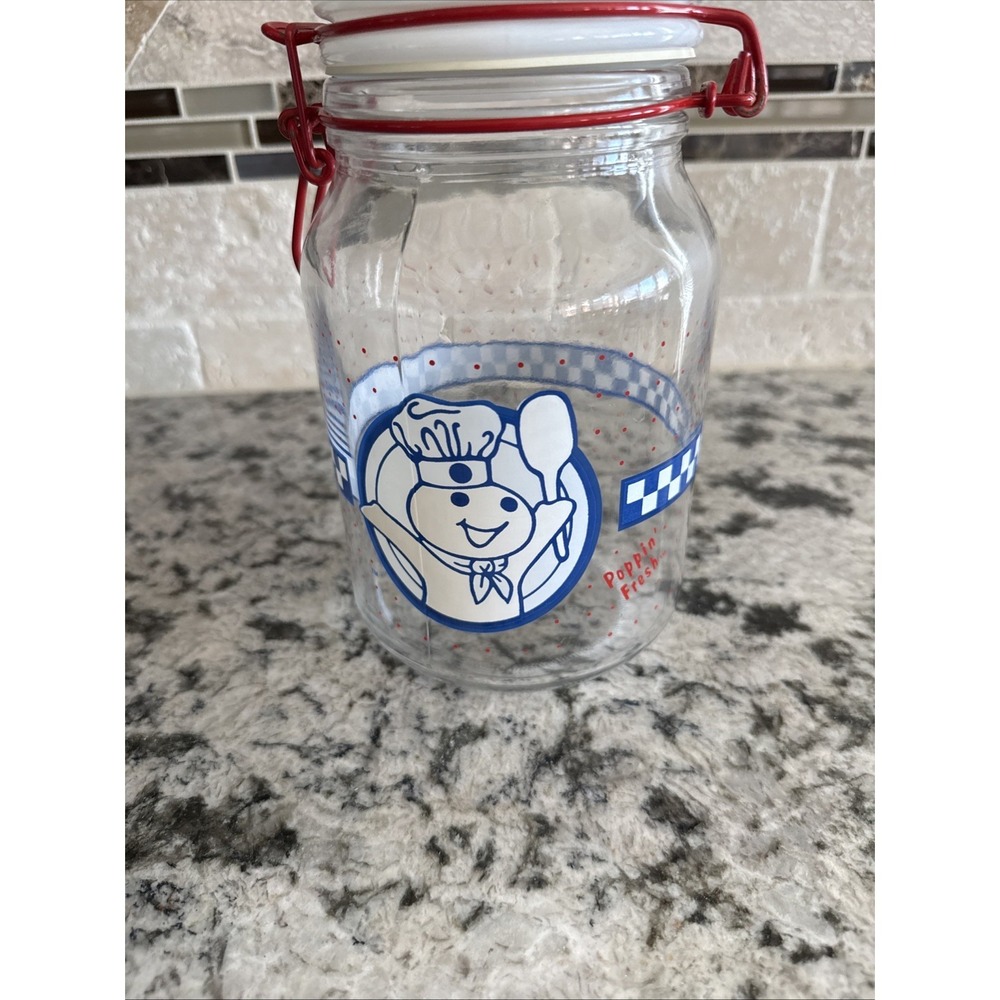 Vintage Pillsbury Doughboy 8"Anchor Hocking Jar Poppin Fresh Clamp Lid Canister